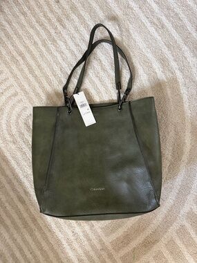 Calvin Klein Deep Olive Pebbled Leather Tote